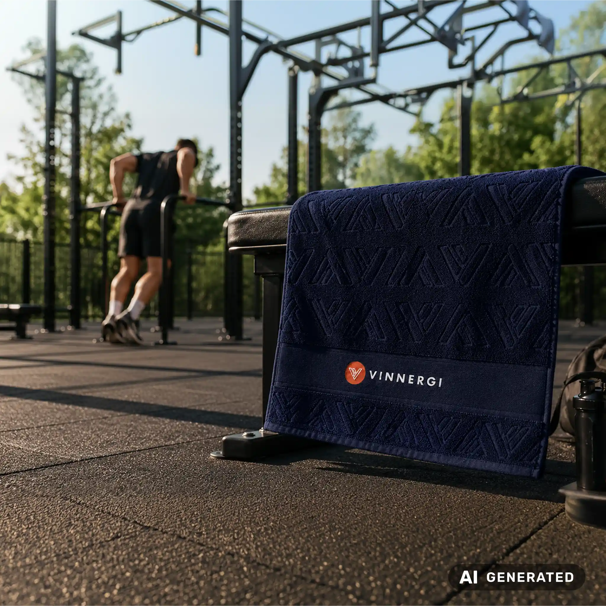 Bl&aring; Vinnergi-tr&auml;ningshandduk p&aring; b&auml;nk vid utomhusgym med tr&auml;nande person.